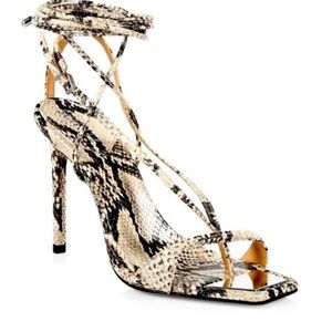SCHUTZ Snake-Print Lace-Up Stiletto Sandals in Natural/Black